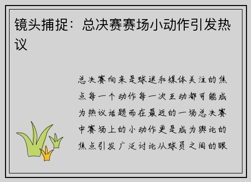 镜头捕捉：总决赛赛场小动作引发热议